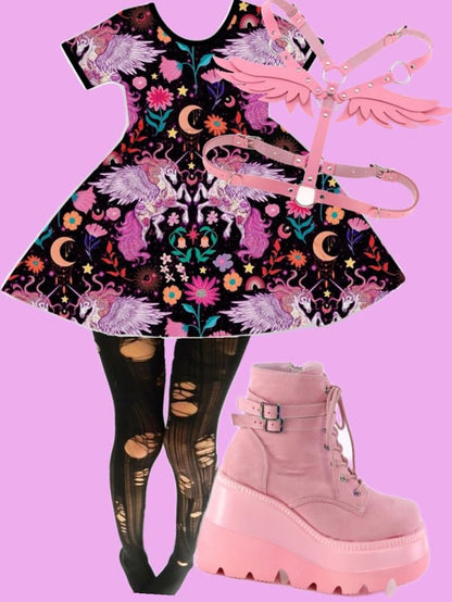 Kids + Adult Mythical 80s Unicorns Vintagecore Bamboo Twirl Dress! Magical Floral!