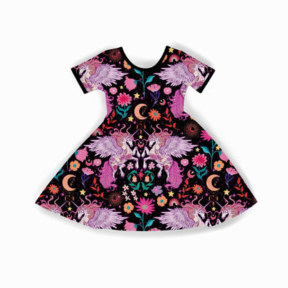 Kids + Adult Mythical 80s Unicorns Vintagecore Bamboo Twirl Dress! Magical Floral!