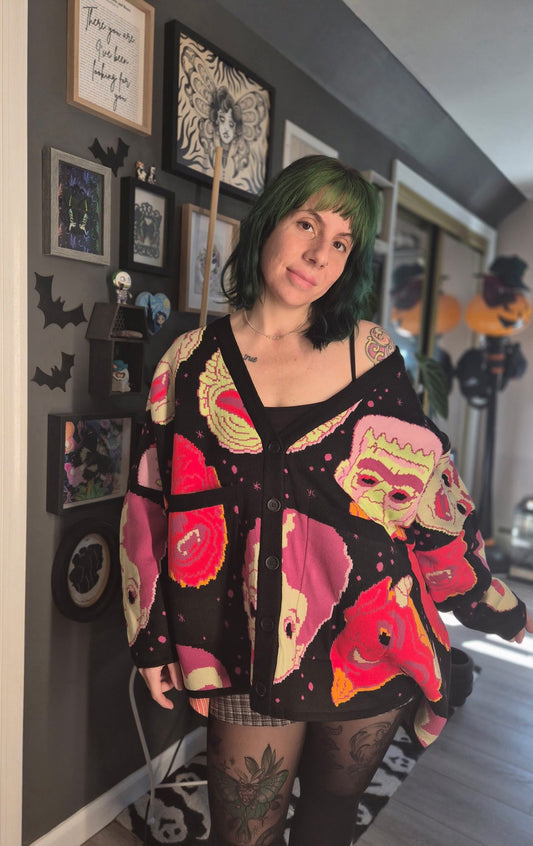READY TO SHIP: Alt Spooky 1980s Halloween Masks Oversized Grandpa Sweater + Cardigan ! Pockets!