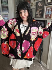 READY TO SHIP: Alt Spooky 1980s Halloween Masks Oversized Grandpa Sweater + Cardigan ! Pockets!