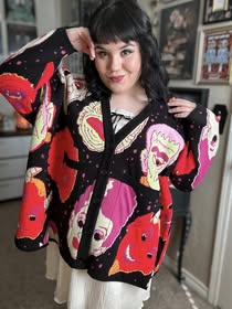 READY TO SHIP: Alt Spooky 1980s Halloween Masks Oversized Grandpa Sweater + Cardigan ! Pockets!