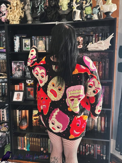 READY TO SHIP: Alt Spooky 1980s Halloween Masks Oversized Grandpa Sweater + Cardigan ! Pockets!