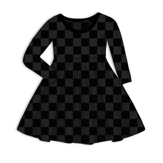 Kids + Adult- Dark Gray + Black Grunge Check Bamboo Long Sleeve Babydoll Twirl Dress! CHECK
