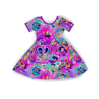 Kids + Adult- Valentines Huntrixxx K Pop Demon Hunter Bamboo Babydoll Twirl Dress! Rainbow!