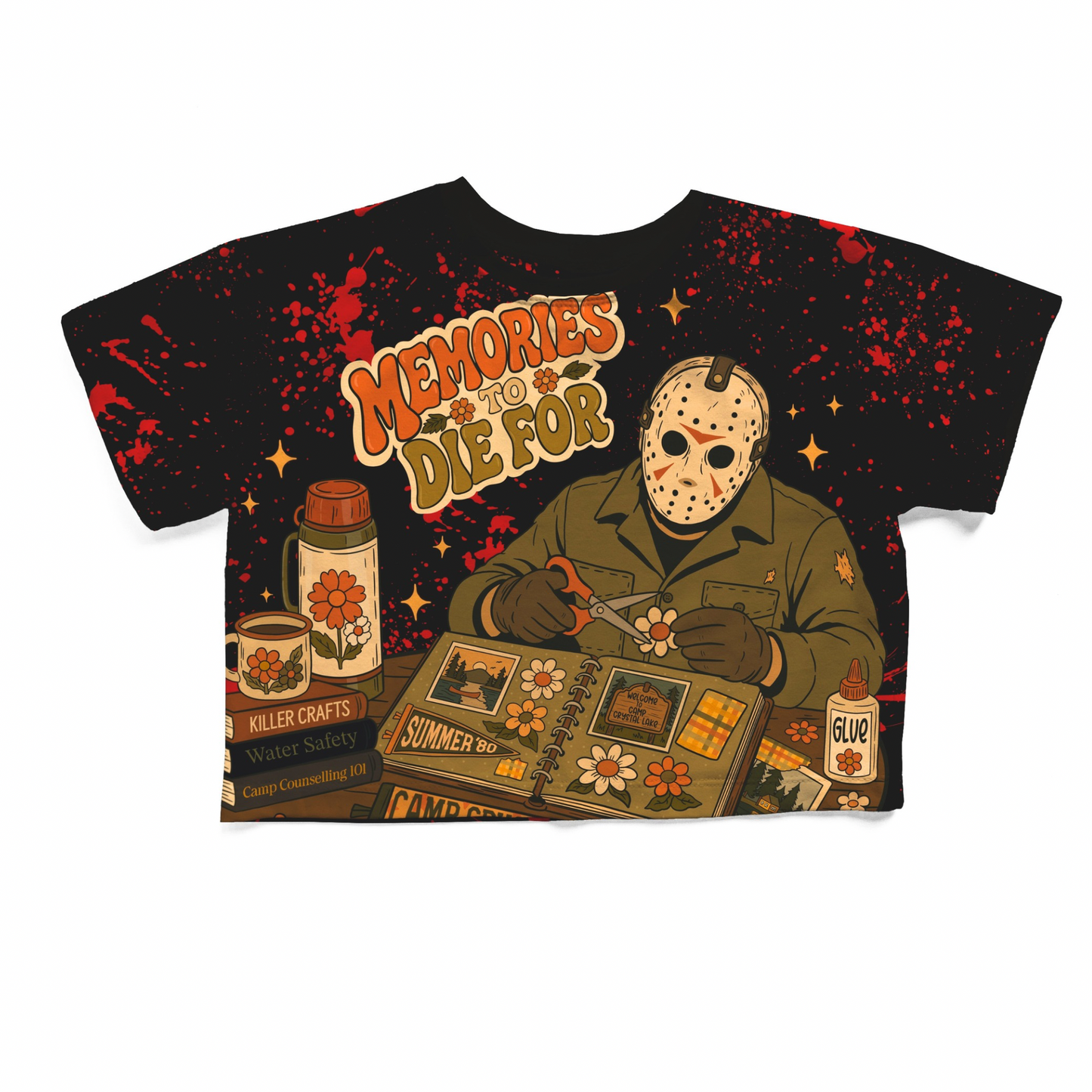 Adult Slasher Summer Memories are to Die For Jason Blood Splatter Retrocore Boxy Shirt! 1970s!