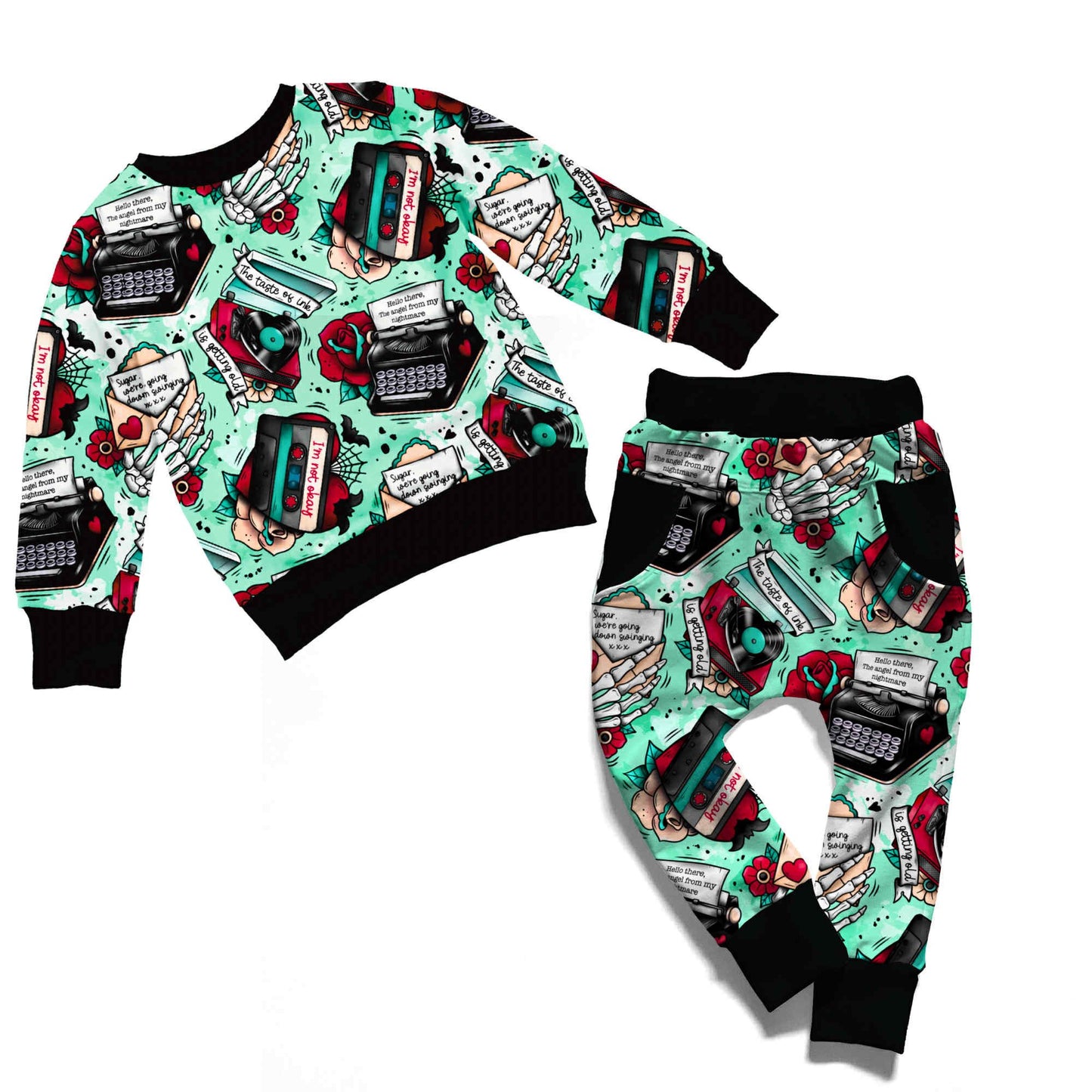 Kids EMOTINES Trad Tattoo Light French Terry Layering Jogger Suit! Crew Shirt + Daywear Joggers! Song Lyrics!