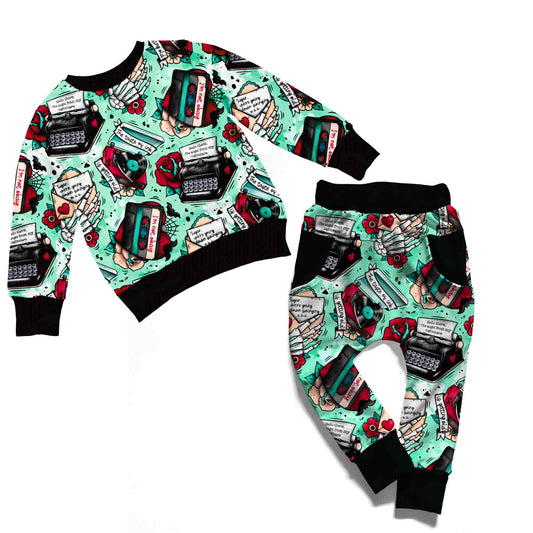 Kids EMOTINES Trad Tattoo Light French Terry Layering Jogger Suit! Crew Shirt + Daywear Joggers! Song Lyrics!