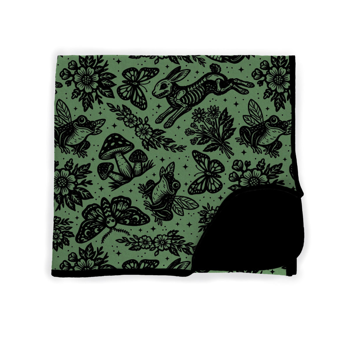 Ready to Ship! Forest Green Practically Magic Cottagecore Witchy Bamboo Blanket!! Fairy Frog, Skulls + More! Whimsical!