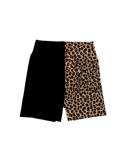 Ready to Ship! Kids + Adult: The Peggy Duo Split Animal Print + Black Bamboo Biker Shorts! Yoga Waistband!