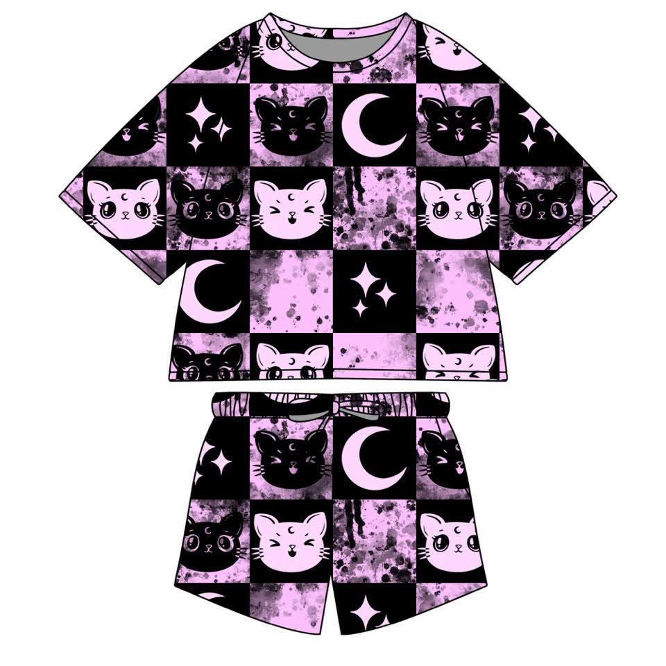 Ready to Ship! Kids- NEW STYLE! Mystical Luna Cat + Vintage Sailor Moons Boxy Tshirt + Shortie Summer Bamboo Set! Purple + Black!