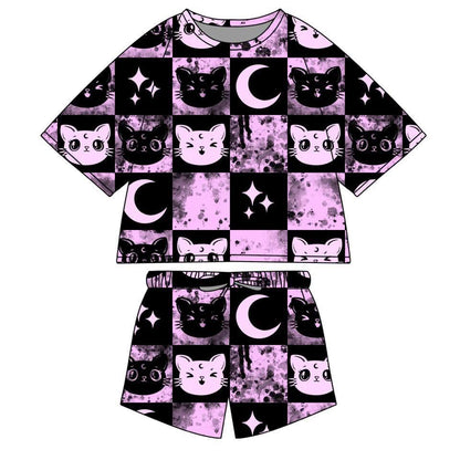 Ready to Ship! Kids- NEW STYLE! Mystical Luna Cat + Vintage Sailor Moons Boxy Tshirt + Shortie Summer Bamboo Set! Purple + Black!