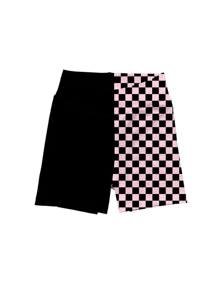 Ready to Ship - Kids + Adult: The Pink + black DUAL Colorblock Biker Shorts! Yoga Waistband Black + Pink Check!