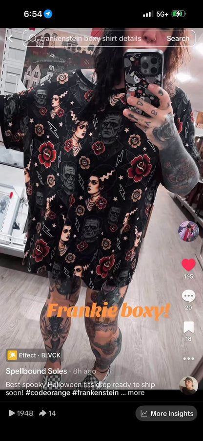 Tiktok Ready to Ship Kids + Adult-- Franken + Bride Tattoo Style Oversized Boxy TShirt! Universal Monsterscore Horror Nights!