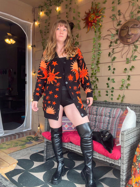 Ready to SHip -- New Rune + Altar Whimsigoth 90s Celestial Black + Rust Boyfriend Sweater