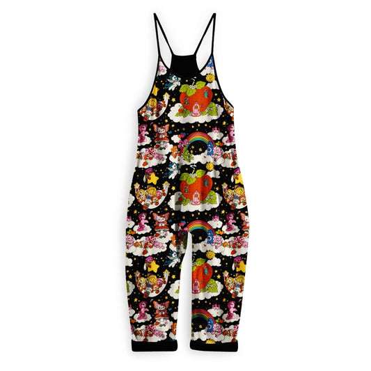 Ready to Ship- Kiddo to Adult --Vintage Magical Character Bamboo Black Overalls. Pockets! Strawberry, Rainbow, Popple!