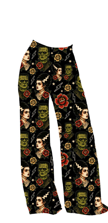 Adult: Franken Spooky Bride Bamboo Solid Print PANTS! 3 INSEAM LENGTHS! Trad Tattoo + Frank + Universal Monsters!