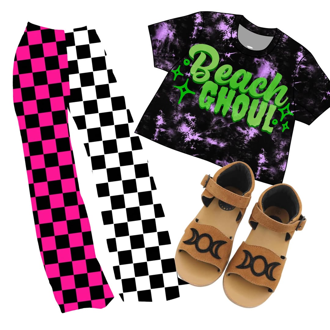 KIDS: Solid Hot Pink and Black Check Bamboo Wide Leg Pants! Y2K Girl! Cool Kid Summer!