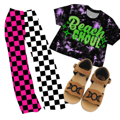 KIDS: Solid Hot Pink and Black Check Bamboo Wide Leg Pants! Y2K Girl! Cool Kid Summer!