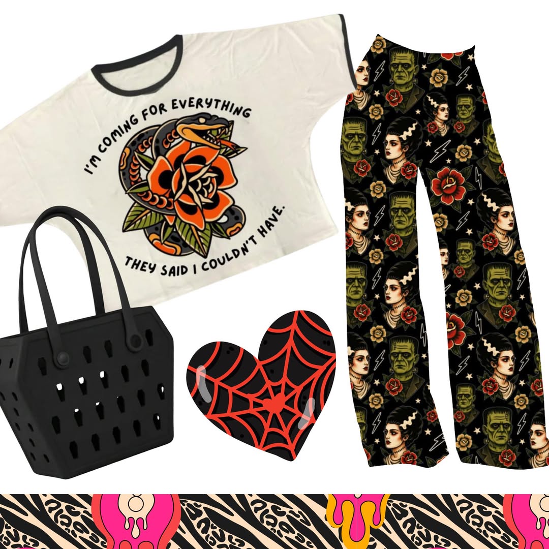Adult: Franken Spooky Bride Bamboo Solid Print PANTS! 3 INSEAM LENGTHS! Trad Tattoo + Frank + Universal Monsters!