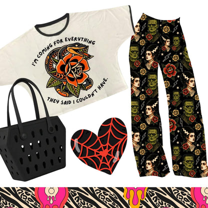 Adult: Franken Spooky Bride Bamboo Solid Print PANTS! 3 INSEAM LENGTHS! Trad Tattoo + Frank + Universal Monsters!