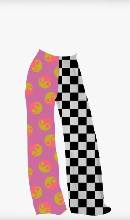 Adult: 1990s Ying Yang + Check Y2K GIRL Wide Leg Bamboo Pants! Bright Colors! Super Rad