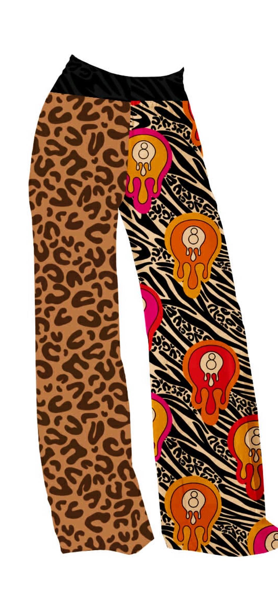 Adult: 1990s Drippy 9 Ball + Animal Print Split Wide Leg Pants! Dopamine Dressing! Pattern Mix!