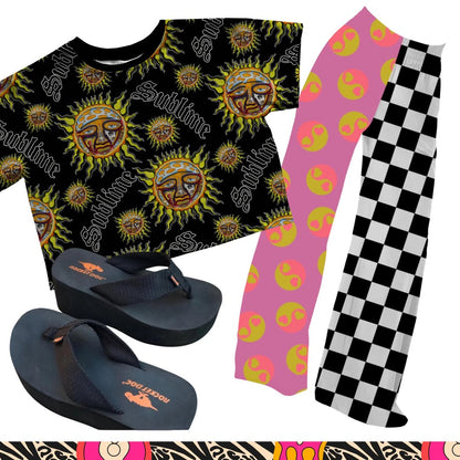 Adult: 1990s Ying Yang + Check Y2K GIRL Wide Leg Bamboo Pants! Bright Colors! Super Rad