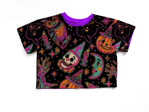 Adult+ Kids-- Retro Neon Halloween Spooky Black Cat + Moons Vintage Boxy Shirt! Halloween Characters!