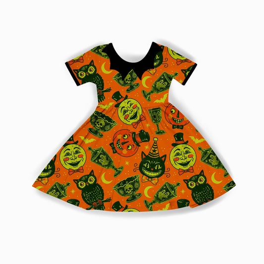 Kids + Adult-- Vintage Halloween ORANGE Thriftcore Spooky Home Bamboo Twirl with BAT collar! Vintage Halloween + Haunted Glass + Uranium GLOW! ORANGE