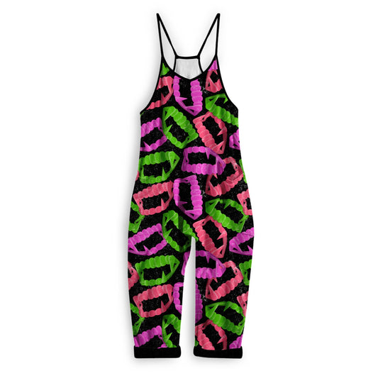 Ready to Ship- Kids + Adult: Vampy Teeth Dopamine Halloween Bamboo Overalls! NEON SPOOKY!