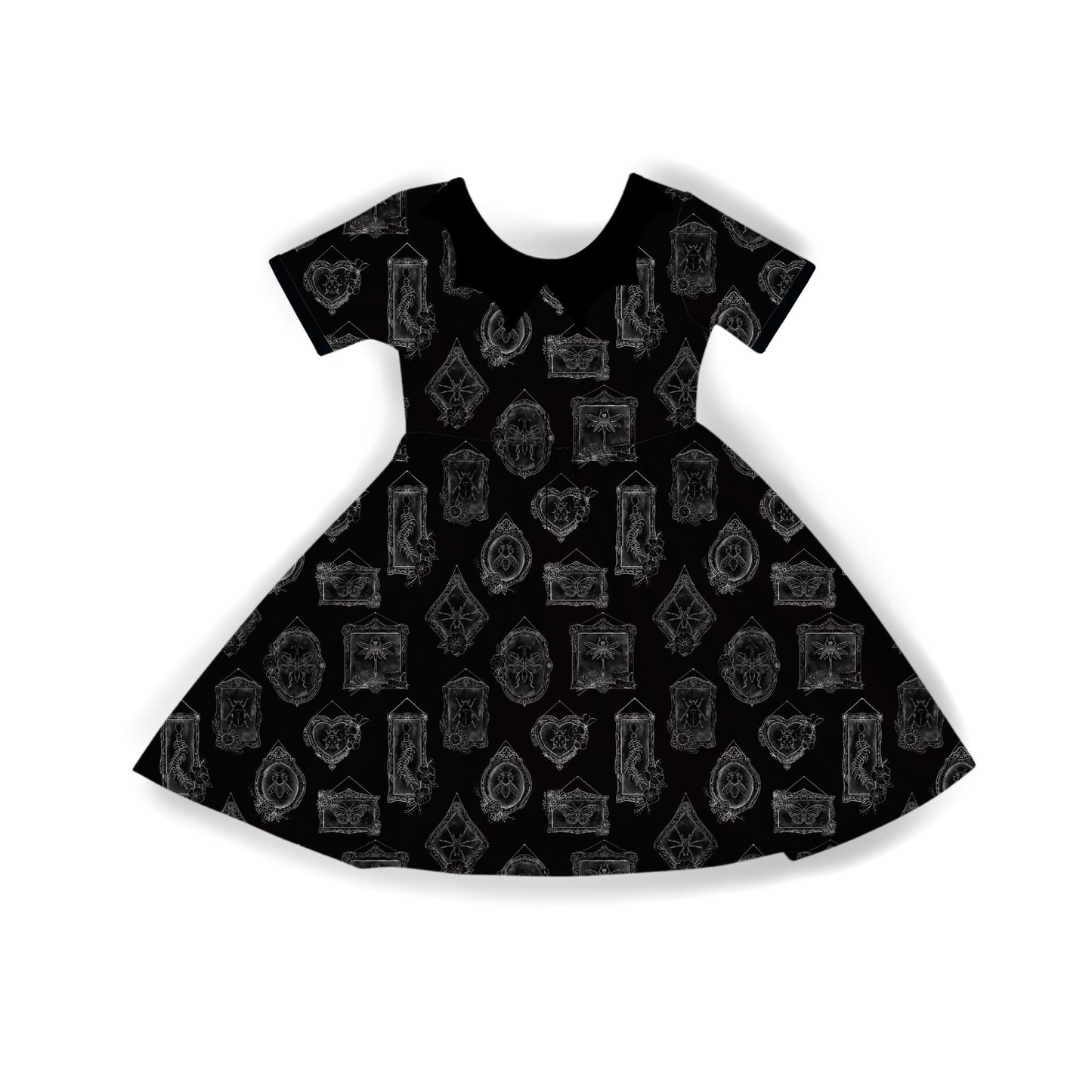 Kids + Adult-- Coquette Dark Spooky Academia Insect Taxidermy Bamboo Bat Collar Twirl Dress- BLACK COLLAR