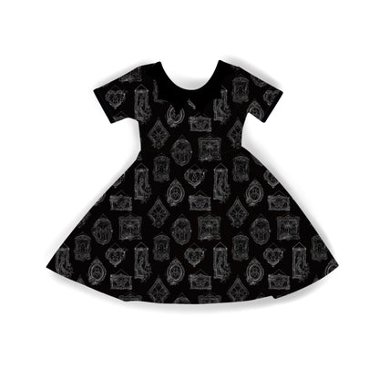 Kids + Adult-- Coquette Dark Spooky Academia Insect Taxidermy Bamboo Bat Collar Twirl Dress- BLACK COLLAR