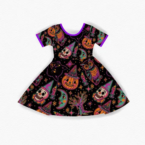 Kids + Adult-- Retro Neon Halloween Characters BamBOO Twirl Dress! Black Cat + Vintage Halloween!