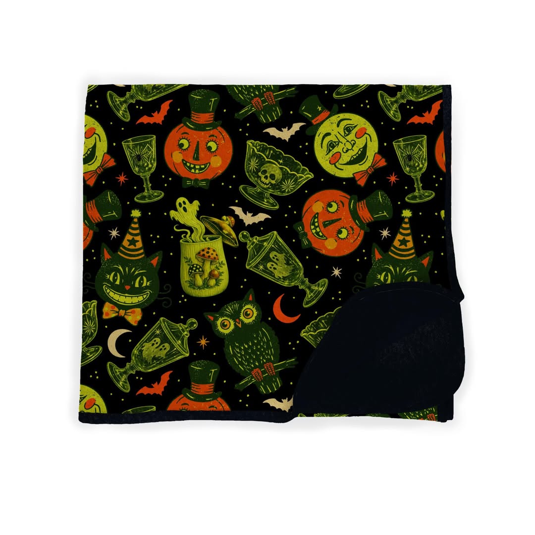 Black Spooky Vintage Thrifted Home Bamboo Blanket! Couch Throw! Merry Mushroom + Vintage Halloween!