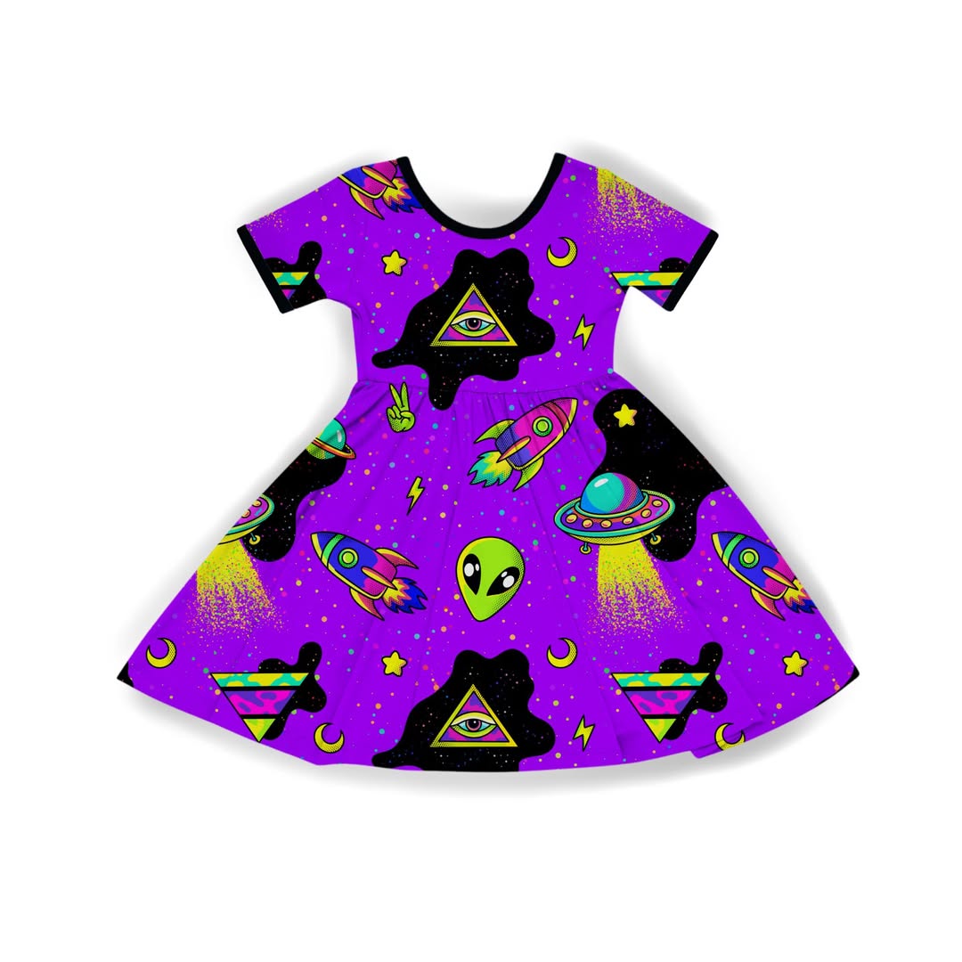 Kids + Adult-- 90s Girl Cosmic Mystic Bamboo Twirl Dress! Y2K! Aliens Magic!
