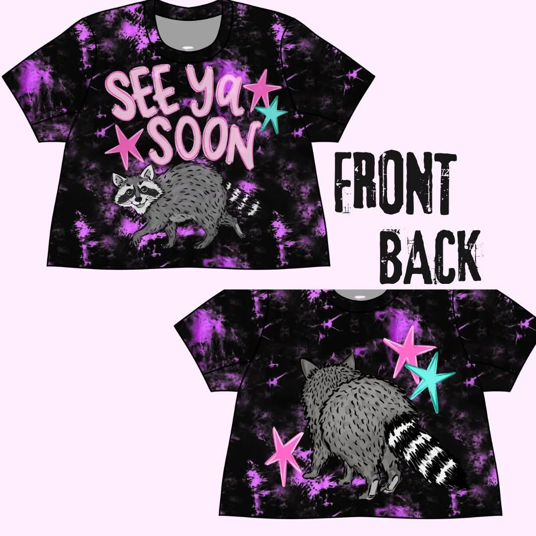 Adult+ Kids-- See you soon Raccoon Graphic Boxy Tshirt! Reversible Punny! Purple Tie Dye!