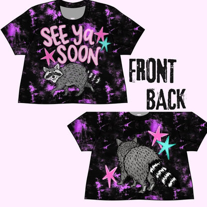 Adult+ Kids-- See you soon Raccoon Graphic Boxy Tshirt! Reversible Punny! Purple Tie Dye!