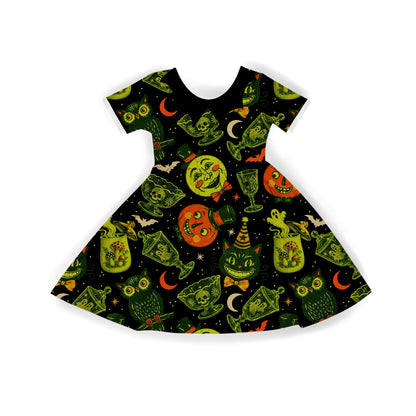 Kids + Adult-- Vintage Halloween Black Thriftcore Spooky Home Bamboo Twirl with BAT collar! Vintage Halloween + Merry Mushroom! BLACK