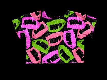 Adult- Vampy Teeth Neon Halloween Ghoul Oversized Boxy Shirt! Not Cropped!