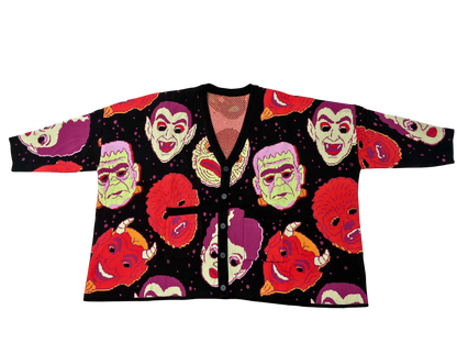 The NEW Alt Spooky 1980s Halloween Masks Oversized Grandpa Sweater + Cardigan ! Pockets!