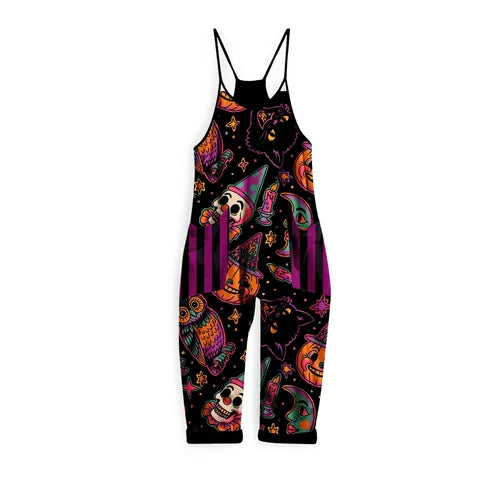 Kids+ Adult : Retro Neon Halloween Black Cat + Moon Spooky BamBOO Overalls! Halloween Characters!