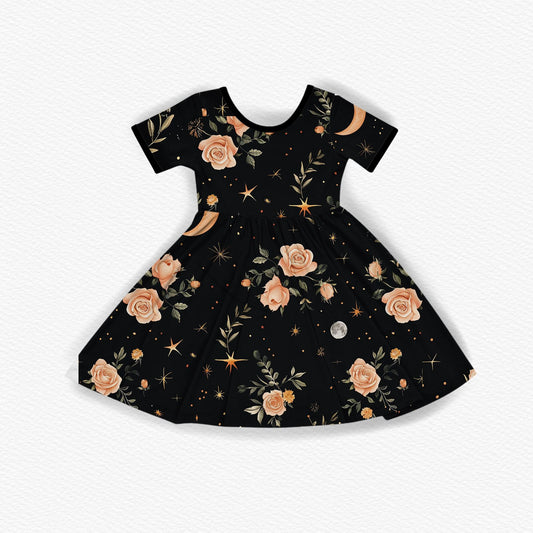 Kids + Adult--Mystic Floral Moons + Night sky Rose Bamboo Twirl Dress. Celestial Magic!