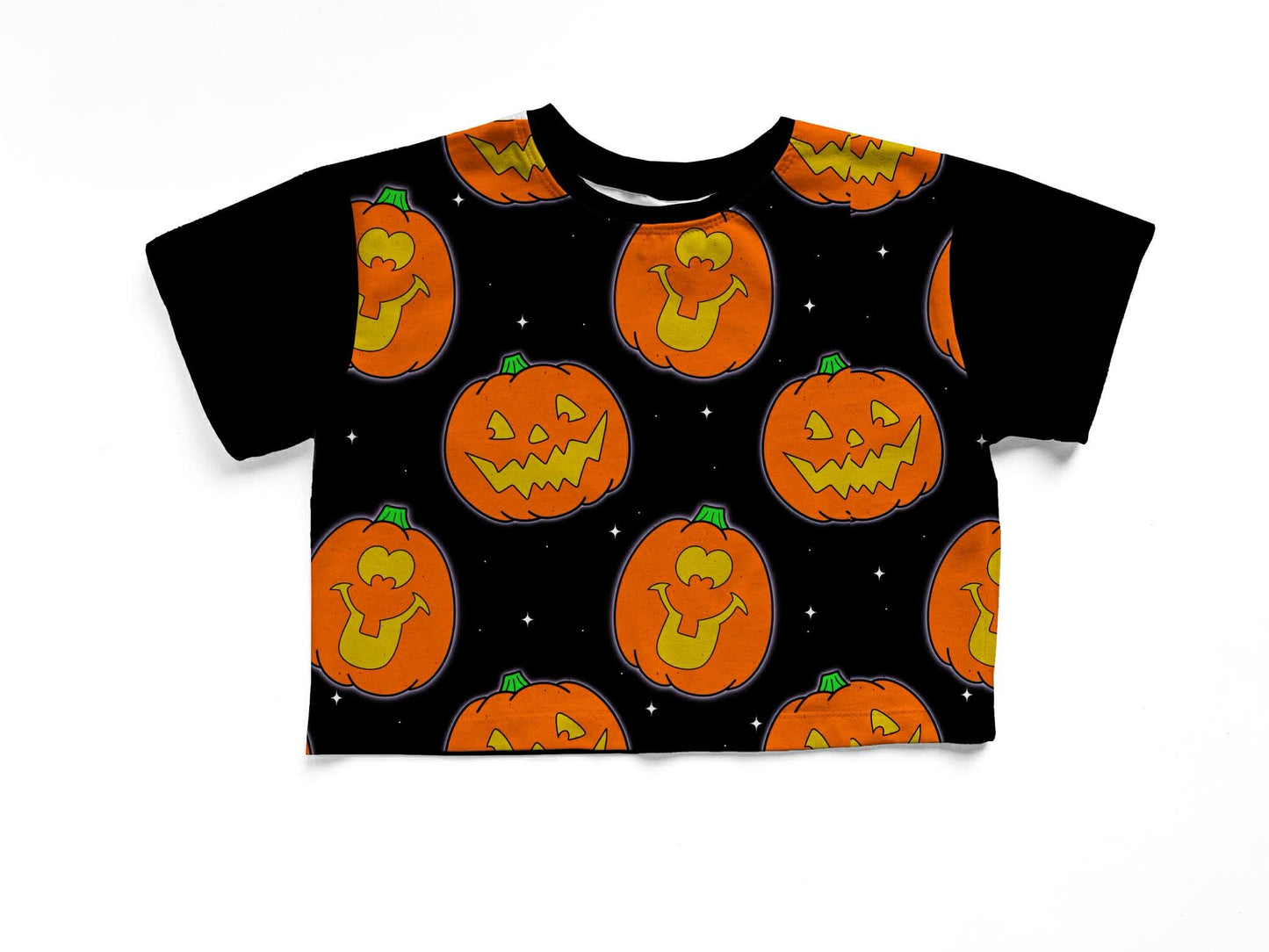 Adult+ Kids-- Retro Halloweencore 90s Pumpkin Stickers Bamboo Boxy Shirt! Color/Pattern Block!