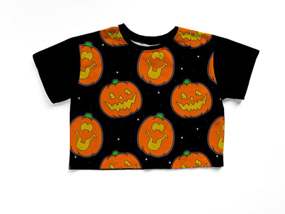 Adult+ Kids-- Retro Halloweencore 90s Pumpkin Stickers Bamboo Boxy Shirt! Color/Pattern Block!