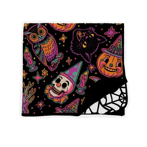 Neon Halloween Character spooky black cat + Pumpkin + Moons Bamboo Blanket! Quilted 2.5 Tog Bamboo Blanket! 3 Sizes! Bat Shaped Mini, Toddler, Adult!