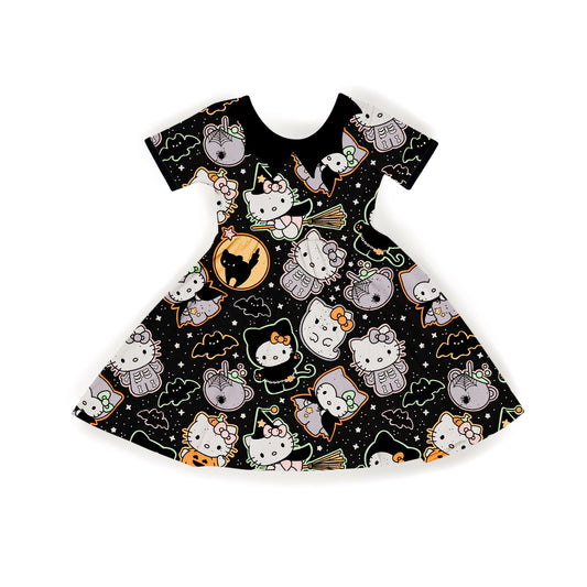 Kids + Adult-- Spooky Kitty BamBOO Halloween Witchy Twirl Dresses with Bat Collar!