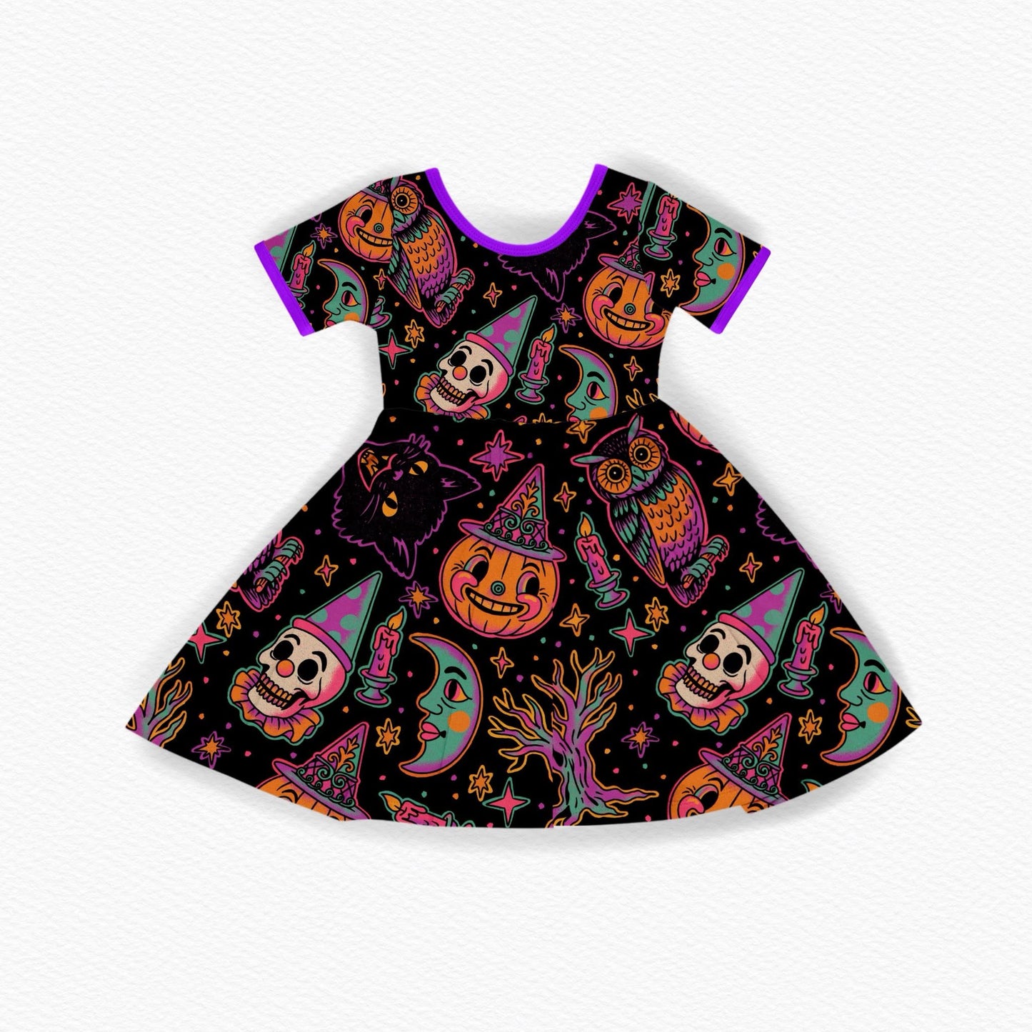 Kids + Adult-- Retro Neon Halloween Characters BamBOO Twirl Dress! Black Cat + Vintage Halloween!