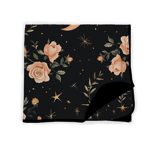 Moody Mystical Floral Black + Celestial Roses Bamboo blanket!  Quilted 2.5 Tog Bamboo Blanket! 3 Sizes! Bat Shaped Mini, Toddler, Adult!