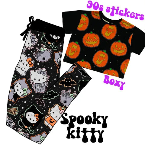 Adult+ Kids-- Retro Halloweencore 90s Pumpkin Stickers Bamboo Boxy Shirt! Color/Pattern Block!