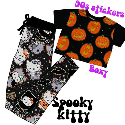 Adult+ Kids-- Retro Halloweencore 90s Pumpkin Stickers Bamboo Boxy Shirt! Color/Pattern Block!